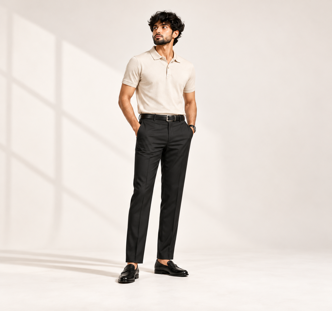 Essential Cream Polo and Black Trousers