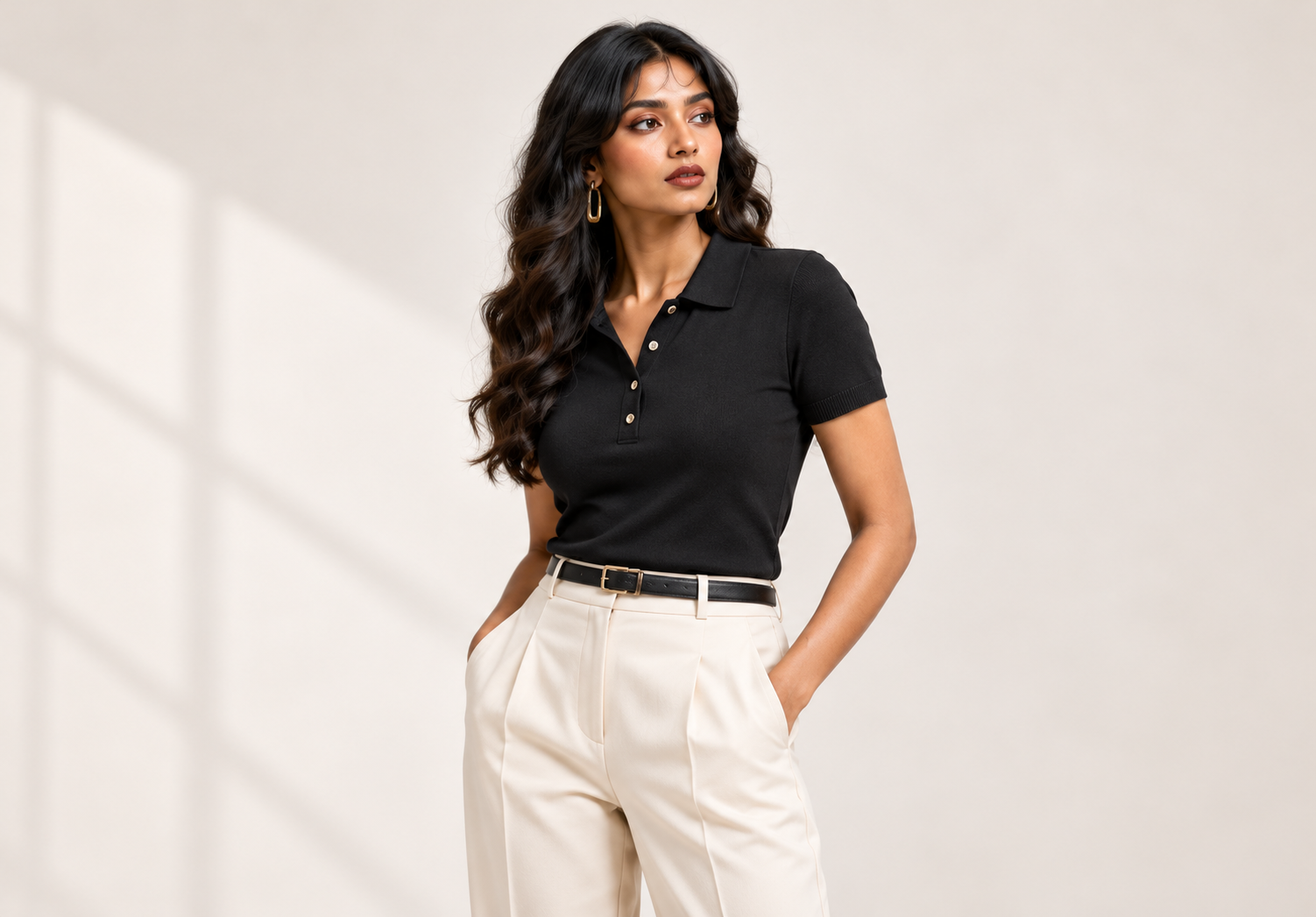 Essential Black Polo and Cream Trousers