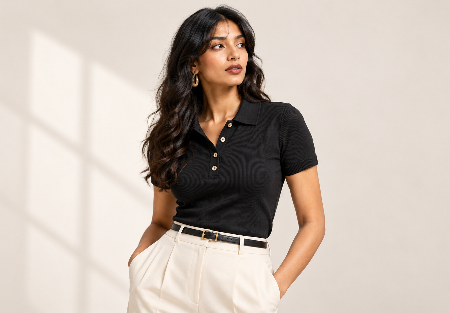 Essential Black Polo and Cream Trousers