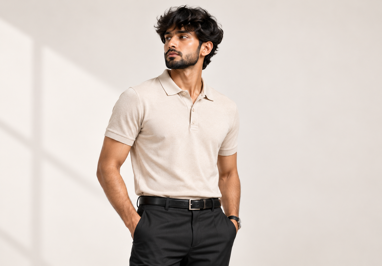 Essential Cream Polo and Black Trousers
