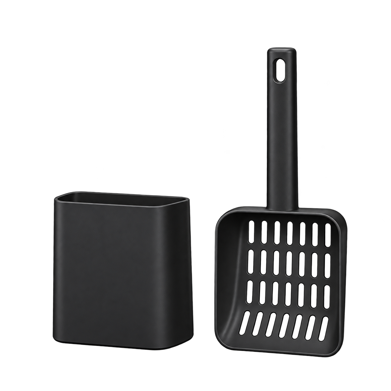 Black cat litter scoop with matching holder