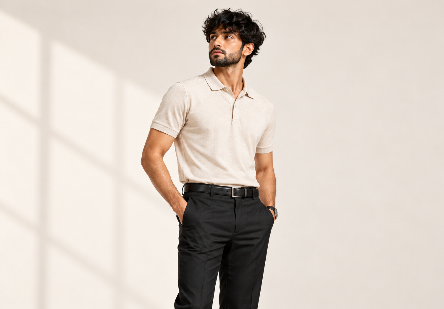 Essential Cream Polo and Black Trousers