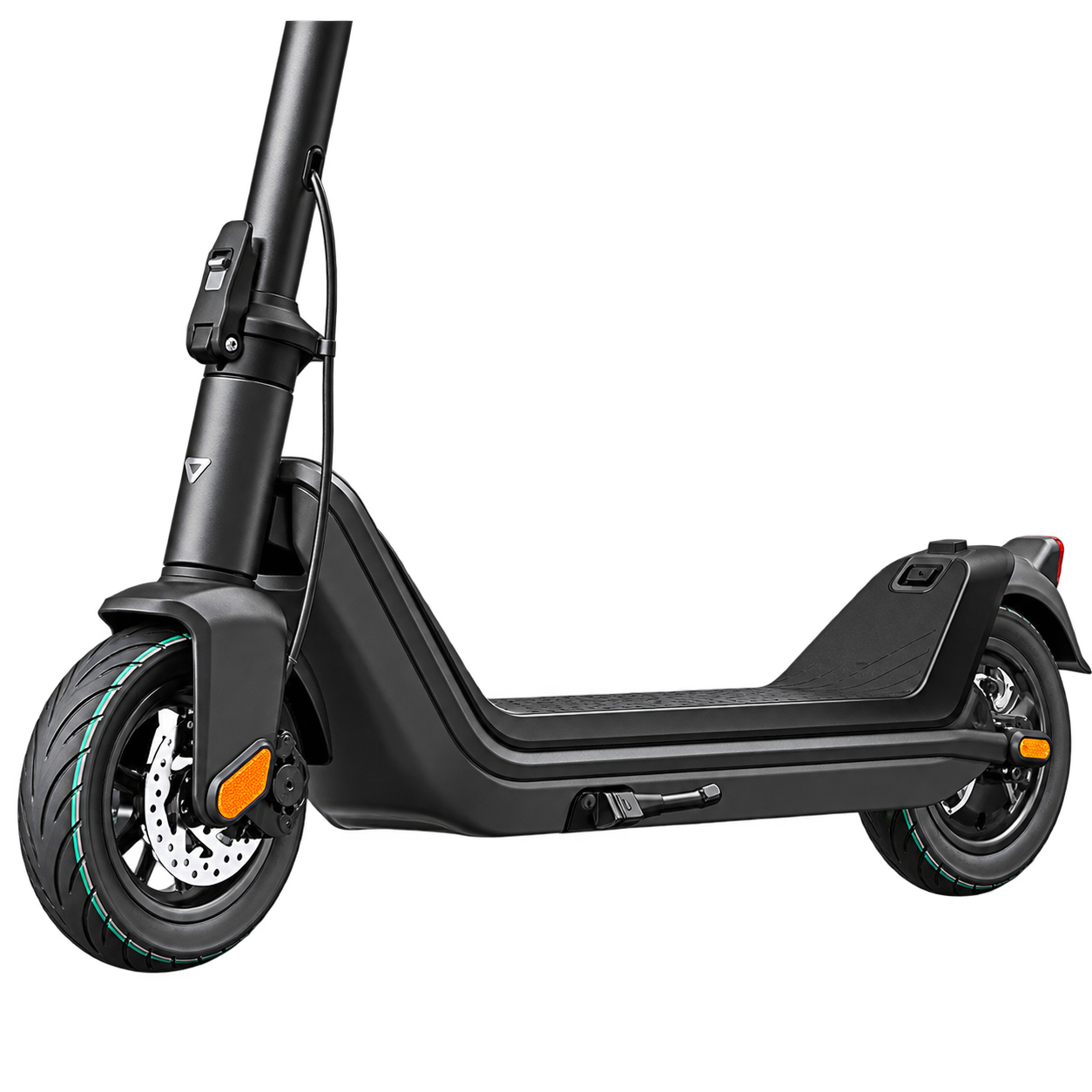 Electric scooter wheels, deck, and side stand detail