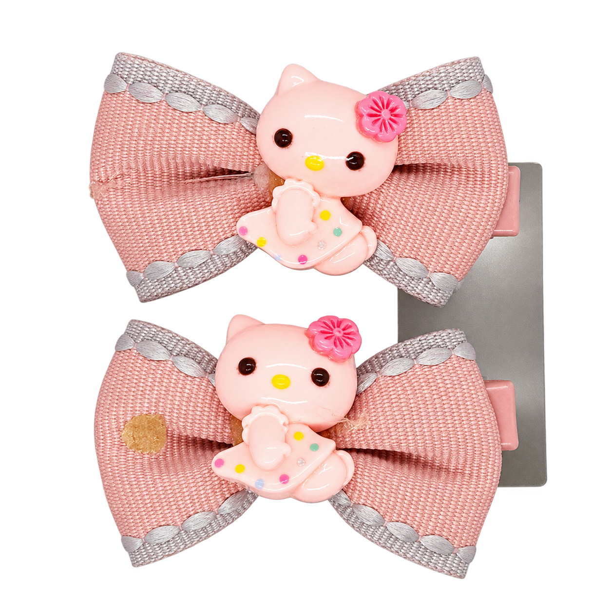 Gray - Bow Hair Clip With Cat
