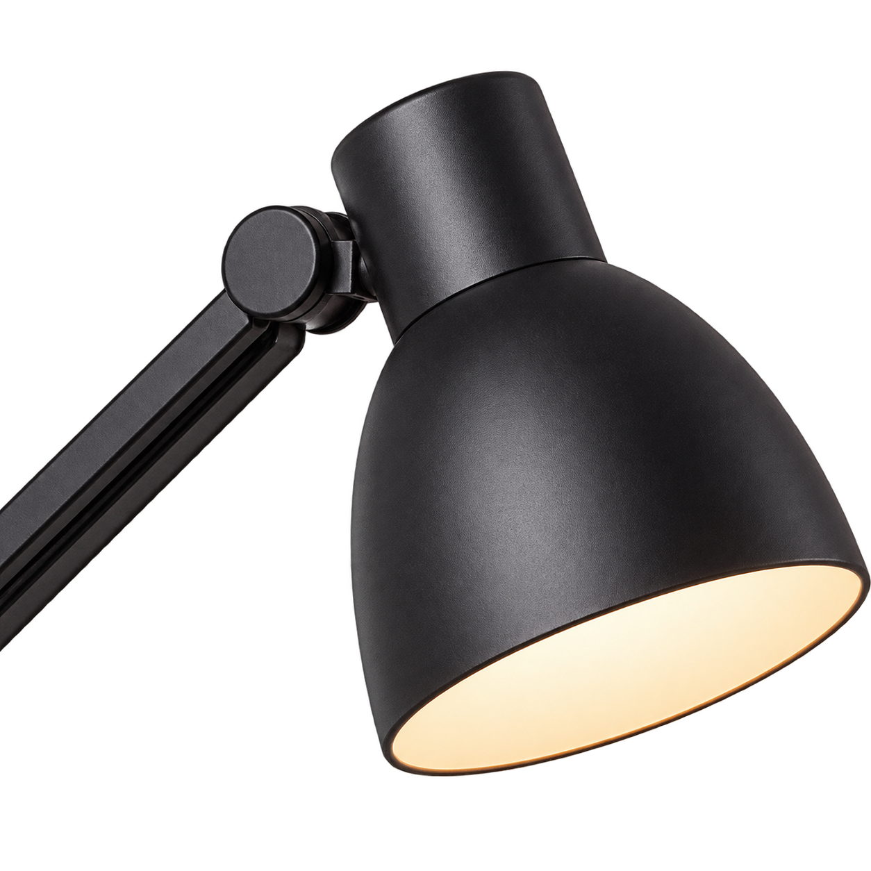 Close-up of the black work lamp shade and upper pivot