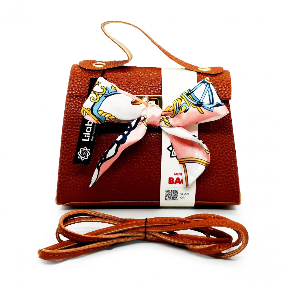 Satin Bow Decor PU Leather Handbag with Portable Chain - Brown