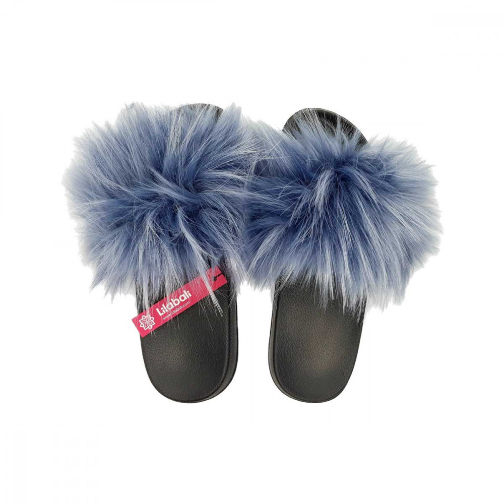 Long Fur Ash Blue Ladies Flip Flop Summer Sandal Shoes - 38/39