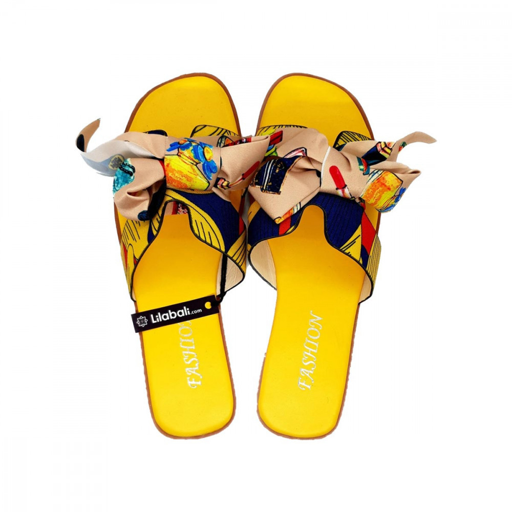 H- Shape Bow Design Yellow Ladies Beach Sandal Shoes - 35.5