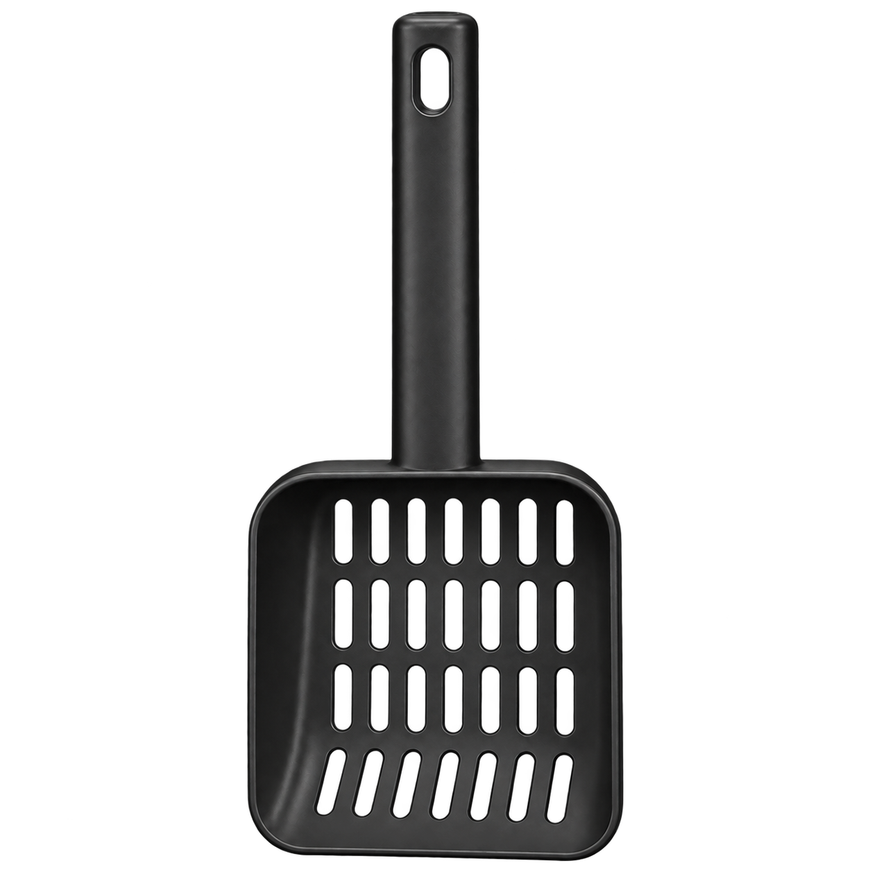 Black cat litter scoop detail with slotted head and long handle
